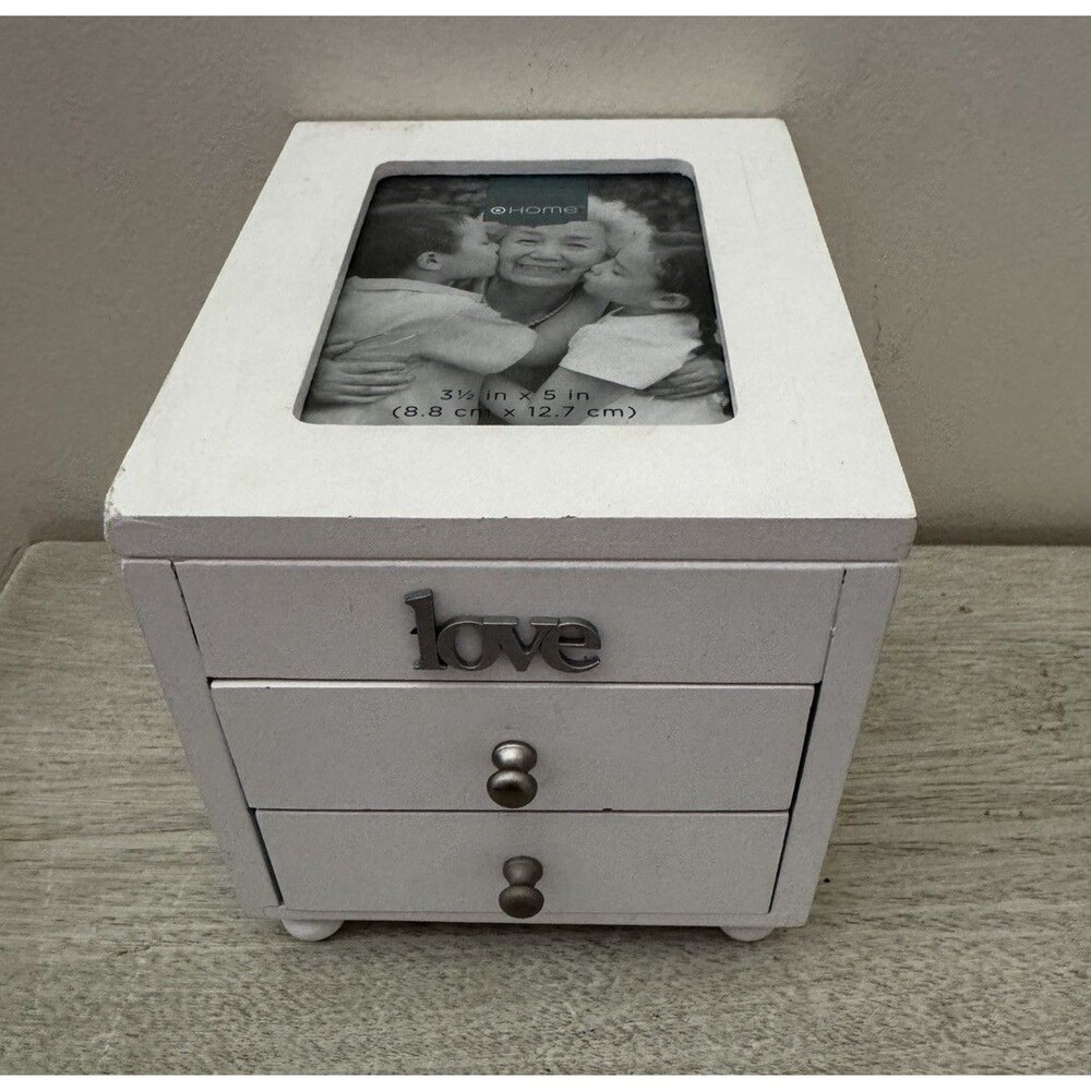White Wood Jewelry Box 3 Drawers Mirror Ring Rolls Picture Frame "Love" Accent